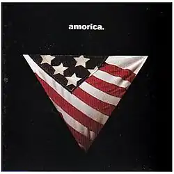 an American flag bikini bottom on a black background. “Amorica” is written in lower case with a period above it.