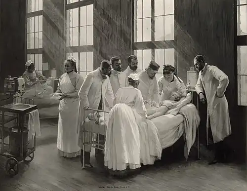 An injection against croup at the Hôpital Trousseau [fr] in Paris, with Roux observing, by P. A. A. Brouillet in 1893