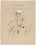 Ancestor painting of Mian Gopal of Guler seated whilst leaning against a bolster by Purkhu, ca.1825