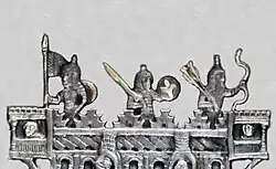 Anikova, soldiers on the city walls. The soldier on the right has a composite bow with recurved tips, and arrows with bulbous nocks.[9]
