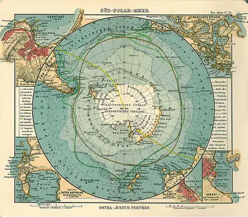 1906 map by German publisher Justus Perthes showing Antarctica encompassed by an Antarktischer (Sudl. Eismeer) Ocean – the 'Antarctic (South Arctic) Ocean'.