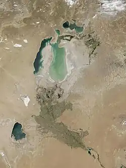 July 2002 – The sea's former bed is visible as lighter-colored areas, the lightest regions representing the most recent retreat.