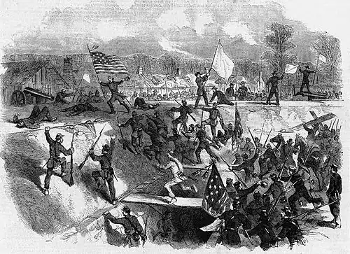 Black-and-white depiction of a battle. Soldiers advance across a ditch on planks and up a sloped earthworks. In the center and right middleground, men wave white flags. In the middleground just left of center a man holds the flag of the United States in one hand and his hat in the other