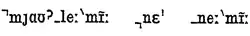 Phonetic transcription of three Burmese words which mean "the north wind and the sea". Every syllable is preceded by a symbol to indicate tone.