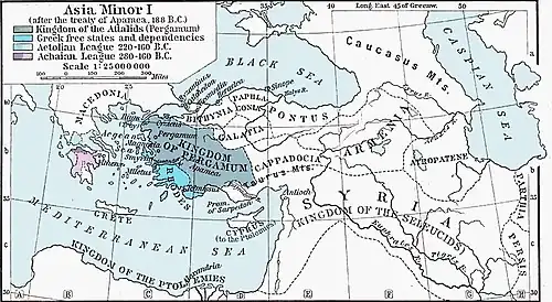 Pergamon's expansion after Roman victory in the Roman–Seleucid War. Rome was eager to weaken the Seleucids by awarding territory to the weaker and Roman-allied Pergamon.