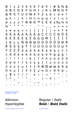 The 335 characters of Atkinson Hyperlegible in its regular style, comprising Arabic numerals, Latin letters, common punctuation and symbols, common Latin diacritics and ligatures, and selected mathematical and typographical symbols.