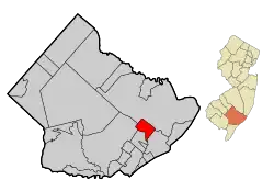 Location of Absecon in Atlantic County highlighted in red (left). Inset map: Location of Atlantic County in New Jersey highlighted in orange (right).