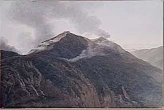 Painting of a mountain topped with a fortification showing smoke where soldiers are battling