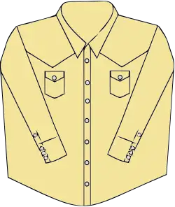 A typical western shirt has mother of pearl snap fasteners, two breast pockets, and a v-shaped motif.