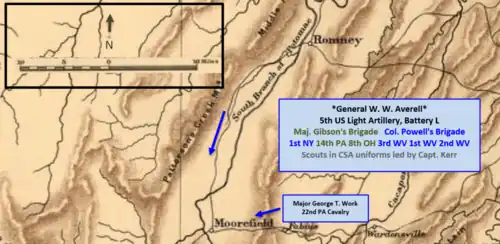map showing Union approach to Moorefield (from north and east)