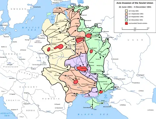 Color-coded map of the Eastern Front, with troop-movement arrows