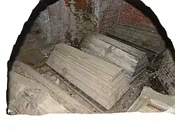 Coffins resting at the burial vault of Barner family on the churchyard of Bülow in Germany.