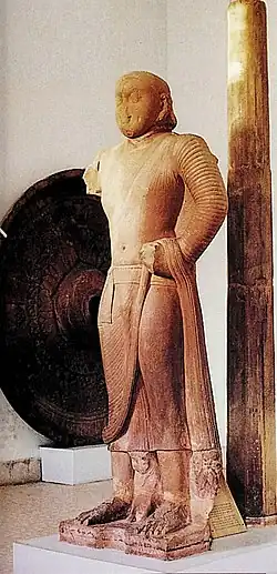 The Bala Bodhisattva, an important statue for dating Indian art, was discovered at Sarnath. The statue was dedicated in "the year 3 of Kanishka" (circa 129 CE).[87]