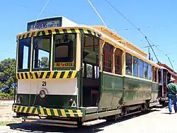 Former Type A tram no.&nbsp;10, built 1909, was sold to the State Electricity Commission of Victoria in 1936 to run in Ballarat as their no.&nbsp;21