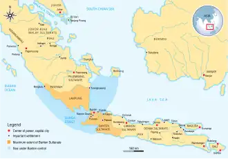 Rough extent of the Sultanate of Banten at the death of Sultan Maulana Hasanuddin in 1570, controlling both sides of the Sunda Strait