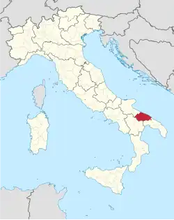 Map highlighting the former province of Bari in Italy