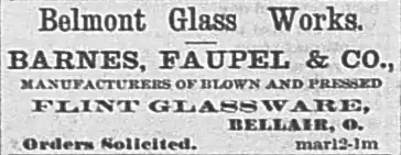 advertisement for Barnes, Faupel and Company's Belmont Glass Works