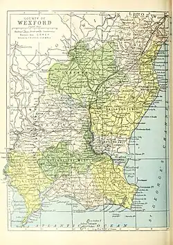 Barony map of County Wexford, 1900; Shelburne barony is in the southwest, coloured yellow.