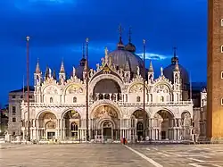 Façade of St. Mark's Basilica at night from Piazza San Marco