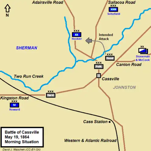 Map shows Battle of Cassville in the morning of May 19, 1864.