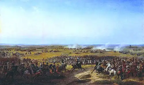 Painting shows a body of foot soldiers surrounded by cavalry, with fighting going on in the distance.