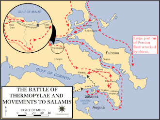 A map centered on southern Greece showing the movements of the Greek army with dark blue arrows and the Persian army with red arrows.