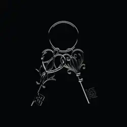 Two silver keys with heart-shaped keyrings attached to a keychain against a black background