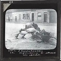 Belgian sharpshooters defending a street in Aalst (Alost) Belgium, 1914