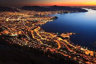 Bergen at night seen from Sandvikspilen
