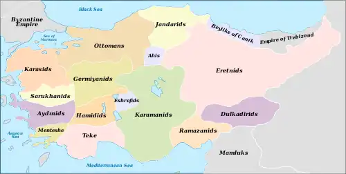 An anachronistic map of the Anatolian beyliks in around 1330
