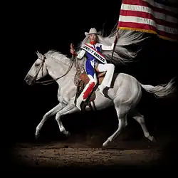 Beyoncé with long white hair sits reverse side-saddle atop a white horse. Her cowboy outfit is in the colors of the American flag, which she holds, only the red and white stripes visible.