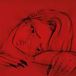 Cover art for "When the Party's Over": a cartoon drawing of a crying woman on the floor, over a crimson-red background