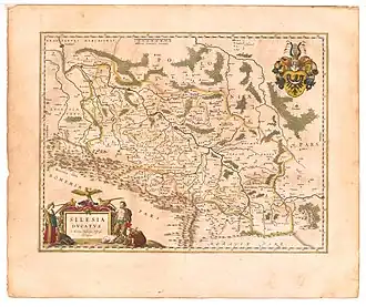 Map of Silesia by Martin Helwig, native of Nysa, published in 1645 in Atlas novus of Willem and Joan Blaeu. The Duchy of Nysa (here depicted as DVCATUS GROTKAVIENSIS) extends to Jeseník (Freiwaldau) in the south and Osoblaha (Hotzenplotz) in the east.