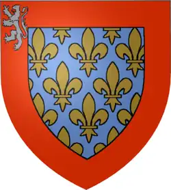 A light-blue shield with gold Fleur-de-Lis flowers surrounded by a red border with one gold heraldic lion in the top-left corner