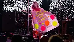 Harry viewed onstage from the back, wearing a pink coat that reads "STOP FUCKING THE PLANET" in yellow