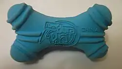 Blue bone-shaped toy manufactured in China