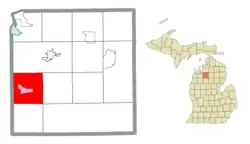 Location within Kalkaska County (red) and the administered community of S. Boardman (pink)