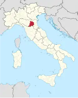 Map highlighting the location of the province of Bologna in Italy