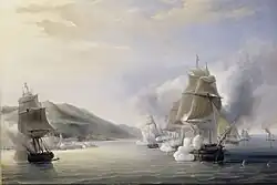 Ship attacking a walled city from its harbor