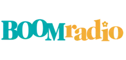 Logo consisting of two words stacked one over the other with Boom in Green whilst Radio is in pale orange