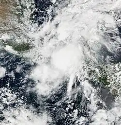 A photograph of a tropical storm near the Pacific coast of southeastern Mexico