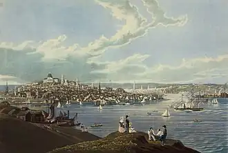 Painting with a body of water with sailing ships in the foreground and a city in the background