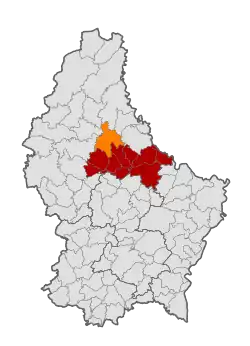 Map of Luxembourg with Bourscheid highlighted in orange, the rest of the Diekirch canton in red