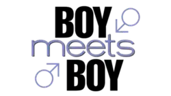 The words "Boy Meets Boy" in black and blue typeface appearing between two diagonal male sex symbols