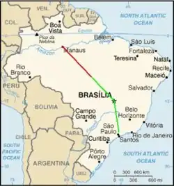 A map of Brazil with the approximate flight paths plotted on it in as red and green lines. The paths meet at the collision point, about halfway between Brasilia and Manaus.