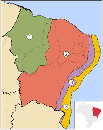 The Subregions of Northeast Brazil 1 • Meio-norte, 2 • Sertão, 3 • Agreste, 4 • Zona da Mata