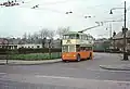 Trolley bus in Riddrie 1966. Good connections to the centre of Glasgow operated on electric-run transport, and to the shipyards.