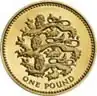 A British one pound (£1) coin, issued in 1997, featuring three lions passant, representing England[38]