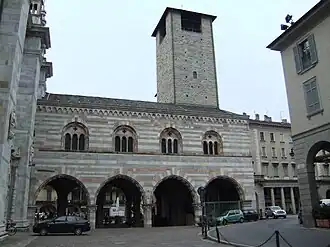 The polychrome marble facade of the Broletto, Como.