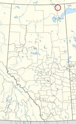 A map of the province of Alberta showing 80 counties and 145 small Indian reserves. One is highlighted with a red circle.